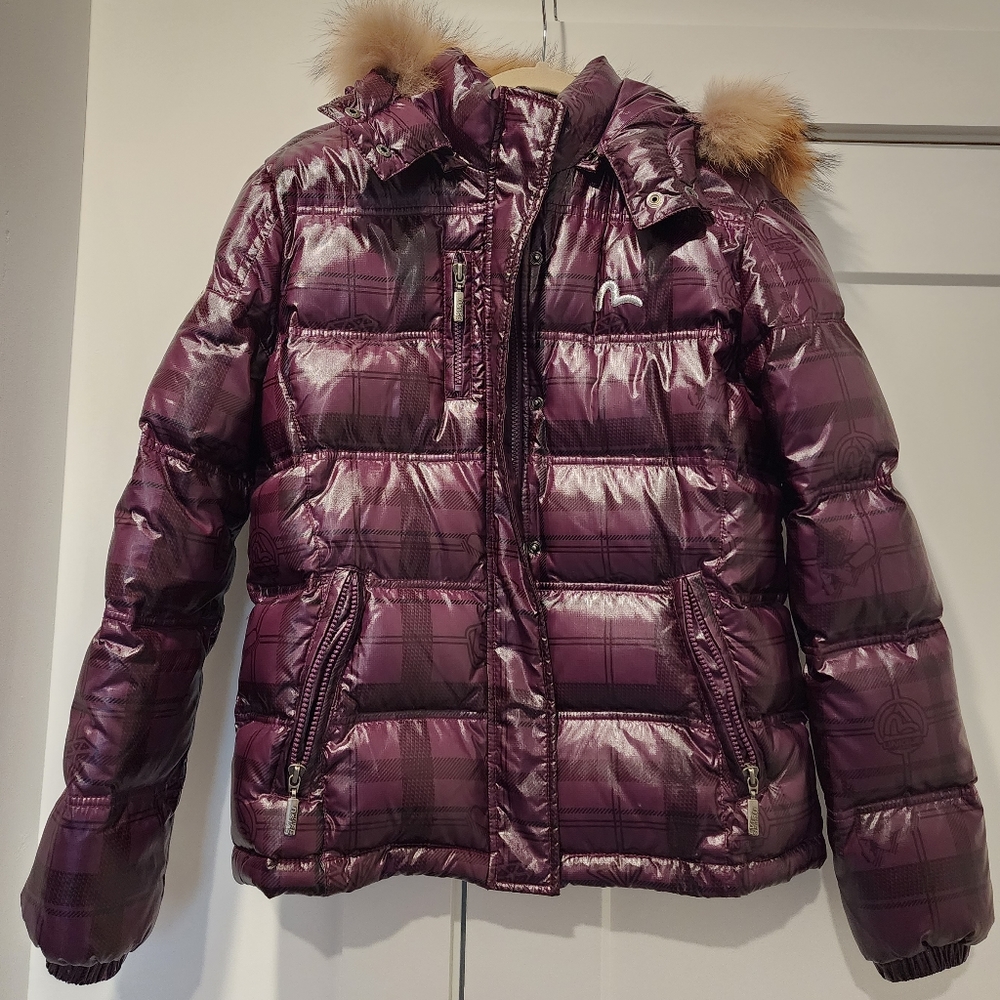 Evisu Puffer Jacket Purple Removable Hood and Faux Fur Trim